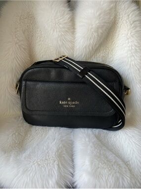 kate spade Black Pebbled Leather Camera Bag with Striped Strap